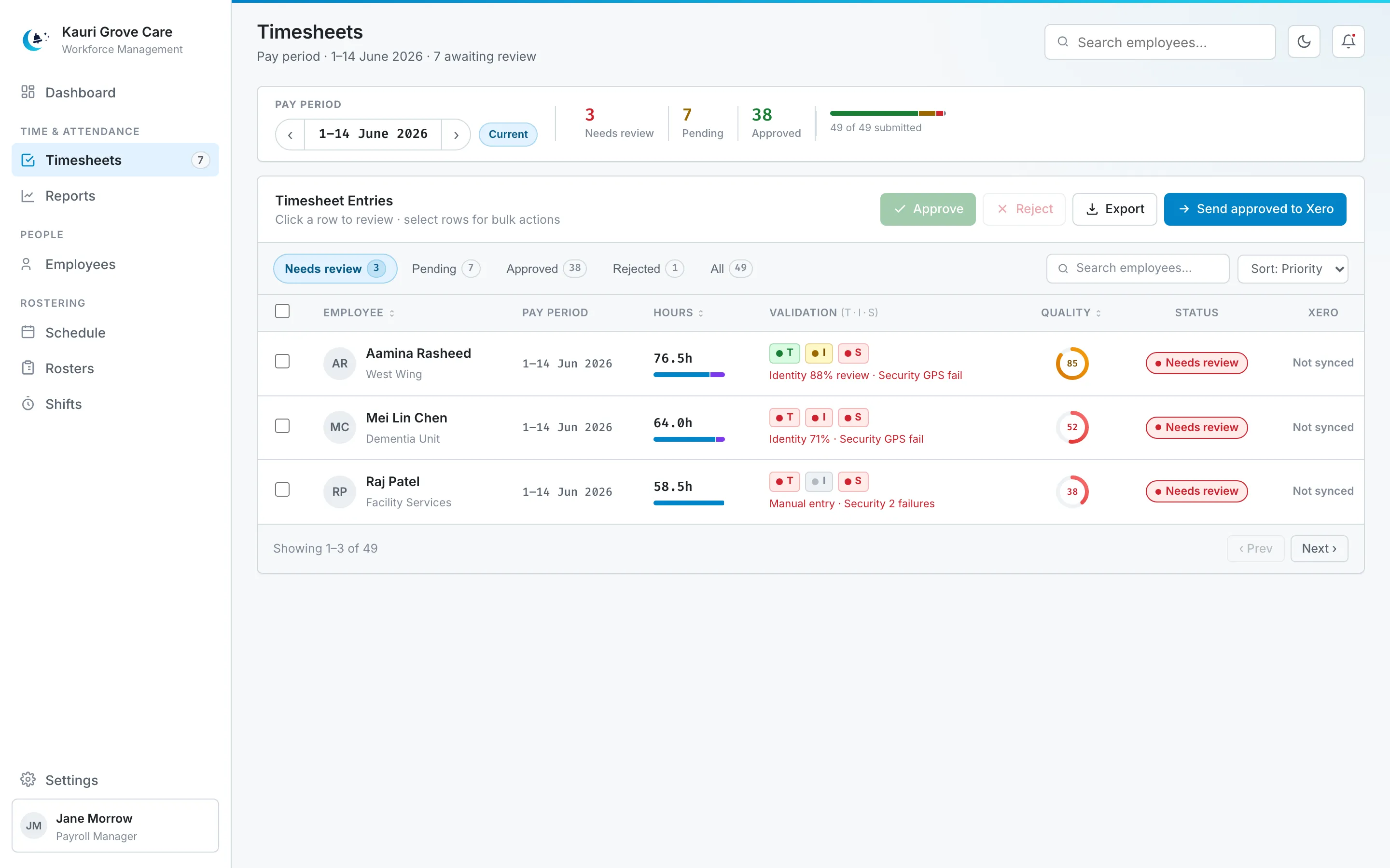 Moonbell manager view: timesheet review with validation chips and a send-to-Xero action.