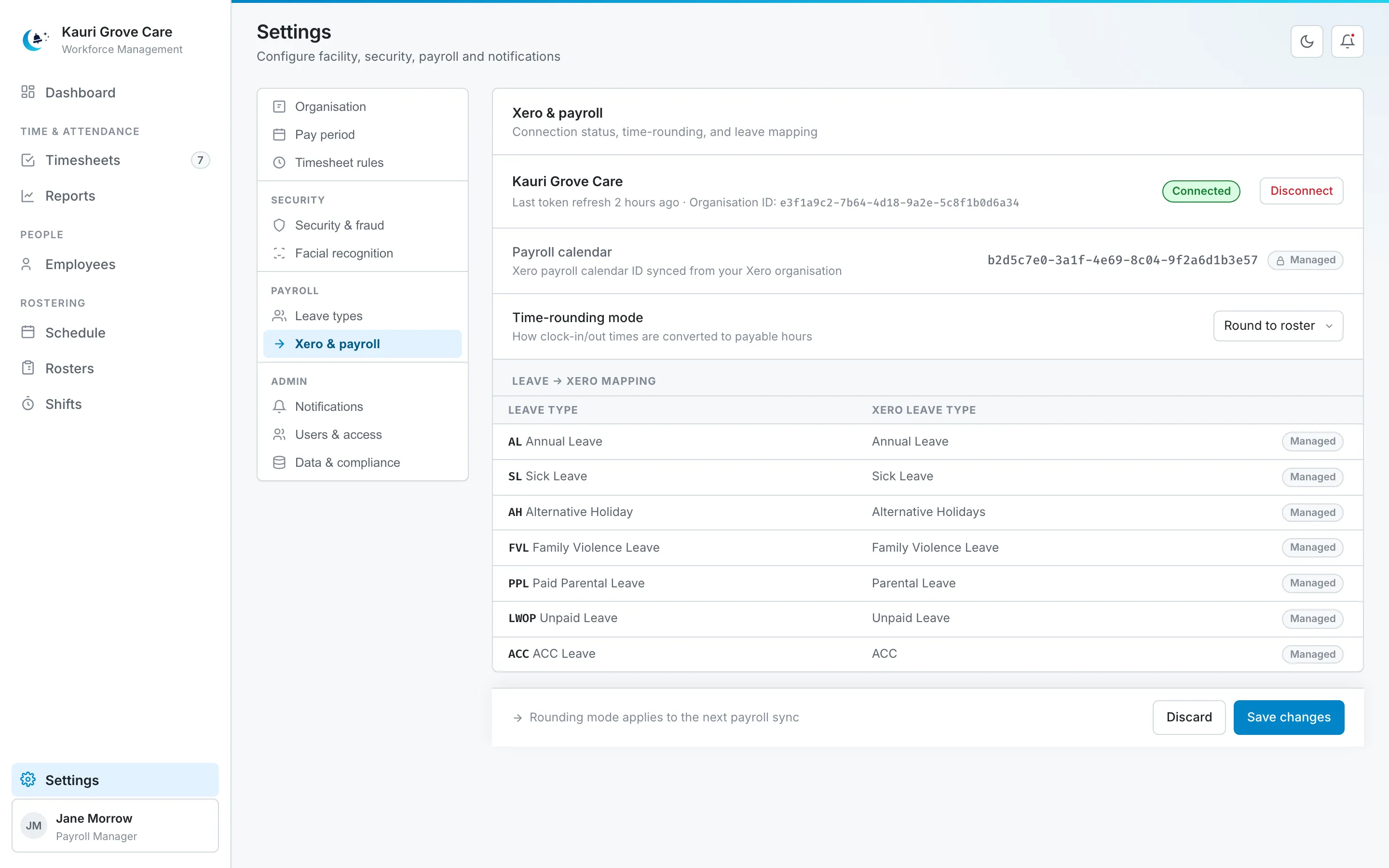 Moonbell Xero sync: connected org, payroll calendar and leave mapping.