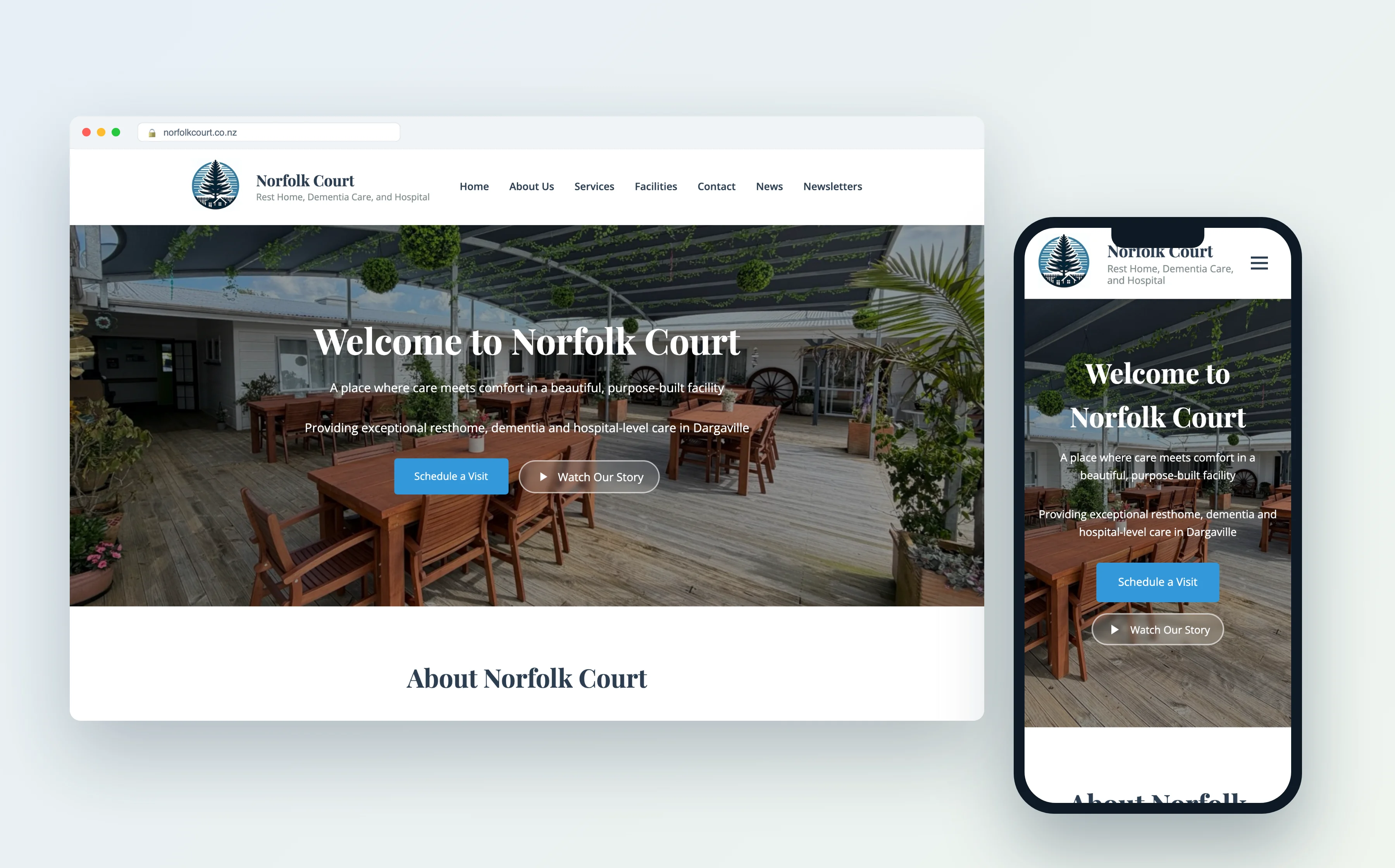 The Norfolk Court website shown responsive on a laptop and a phone side by side.