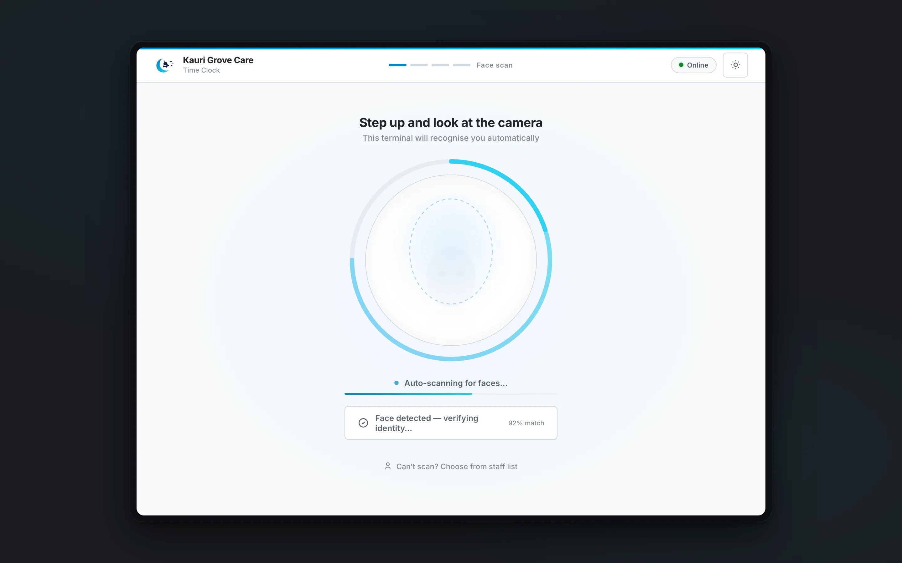 Moonbell demo: kiosk face-scan clock-in through to Xero sync.